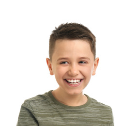 Portrait of preteen boy on white background