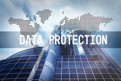Text DATA PROTECTION, world map and modern building on background