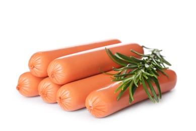 Raw vegetarian sausages with rosemary on white background