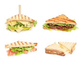 Image of Set with different delicious sandwiches on white background
