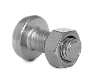 Metal bolt with hex nut isolated on white