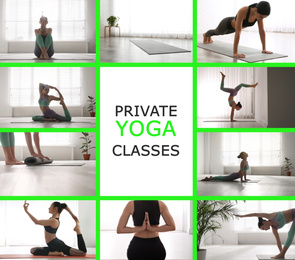 Collage of women practicing different poses and text Private Yoga Classes
