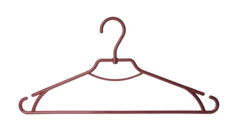 Photo of Empty plastic hanger isolated on white. Wardrobe accessory