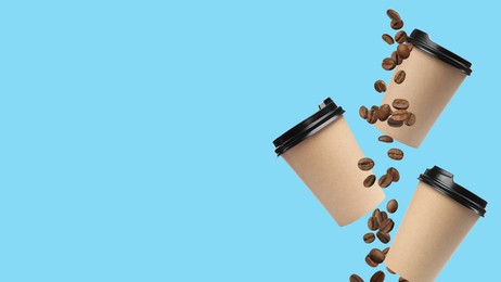 Coffee to go, banner design. Paper cups and roasted beans flying on light blue background, space for text