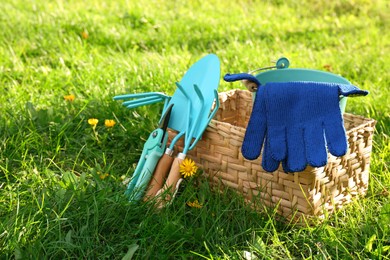 Photo of Wicker basket with bucket, gloves and gardening tools on grass outdoors