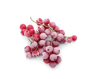 Heap of tasty frozen red currants on white background, top view