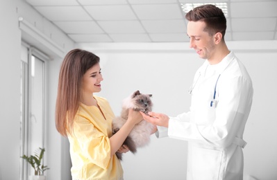 Young woman with cat and veterinarian in clinic