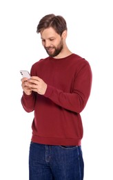 Photo of Man in casual clothes with smartphone on white background
