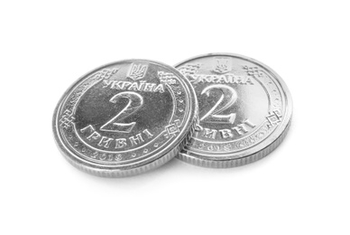 Ukrainian coins on white background. National currency