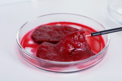 Petri dish with pieces of raw cultured meat and dissecting needle on white table, closeup