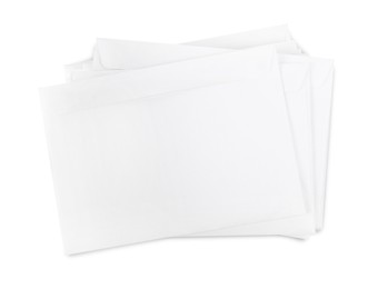 Stack of letters on white background, top view