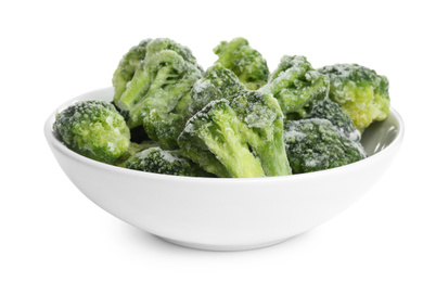 Frozen broccoli in bowl isolated on white. Vegetable preservation