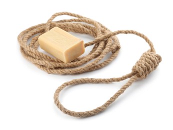 Rope noose and soap bar on white background