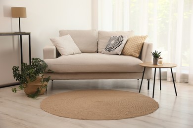 Living room interior with comfortable sofa and stylish round rug