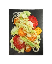 Photo of Slate plate of delicious salad with Chinese cabbage, tomatoes and onion on white background, top view