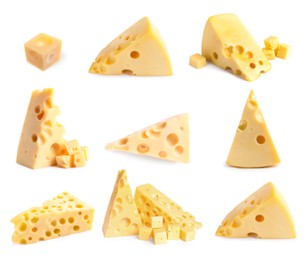 Set with pieces of delicious cheese on white background 