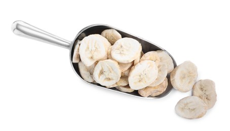 Photo of Scoop with freeze dried bananas on white background, top view