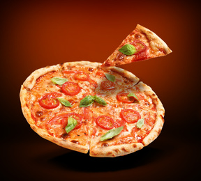 Hot tasty pizza Margherita on dark background. Image for menu or poster