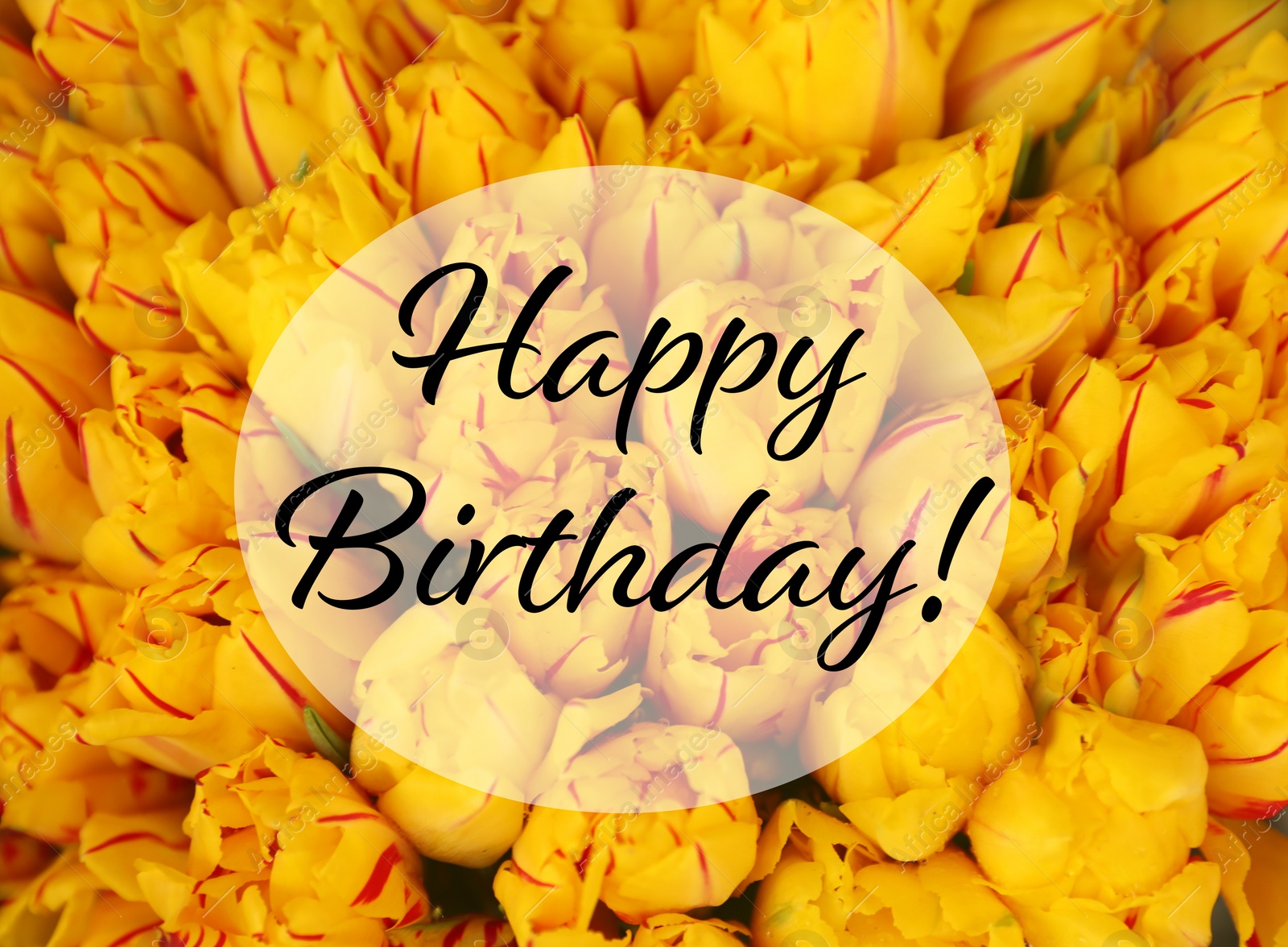 Happy Birthday! Fresh yellow tulips as background, top view: Stock ...