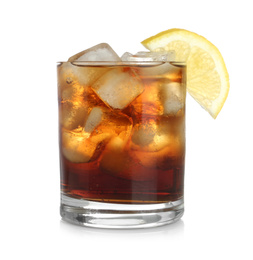 Tasty cola with ice cubes and lemon isolated on white