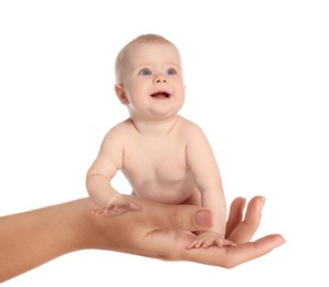 Surrogacy concept. Woman holding cute little baby on white background, closeup
