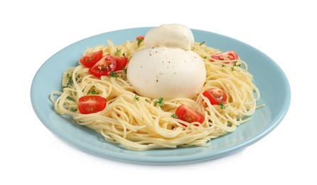 Plate of delicious pasta with burrata and tomatoes isolated on white