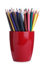 Colorful pencils in red cup on white background