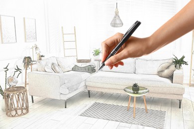 Image of Woman drawing sketch of living room interior, closeup. Illustration