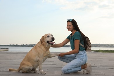 Cute golden retriever dog giving paw to young woman on pier