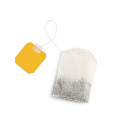 Paper tea bag with tag isolated on white, top view