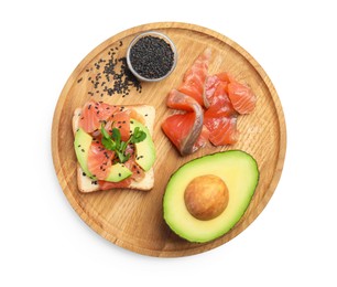 Tasty toast with butter, avocado, salmon, sesame seeds and microgreens on white background, top view