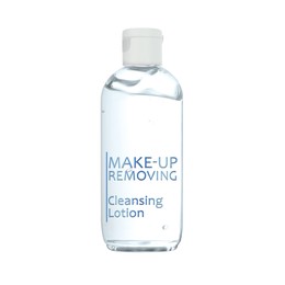Bottle of cleansing lotion isolated on white. Makeup remover 