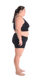 Photo of Overweight woman before weight loss on white background