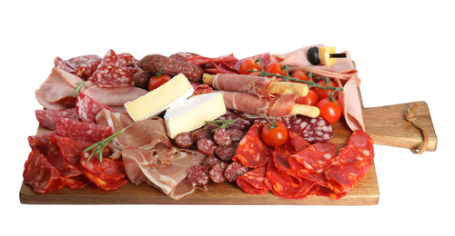 Photo of Wooden board with tasty ham and other delicacies isolated on white