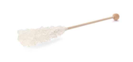 Wooden stick with sugar crystals isolated on white. Tasty rock candy