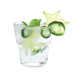 Photo of Spicy cocktail with jalapeno, carambola and mint isolated on white