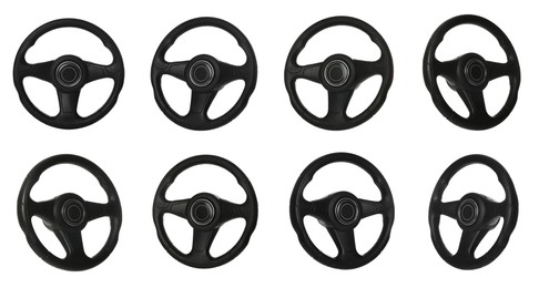 Set with black steering wheels on white background 