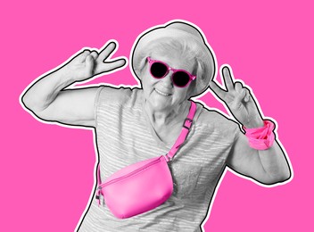 Cool grandmother with sunglasses on pink background, stylish collage design. Summer vibes