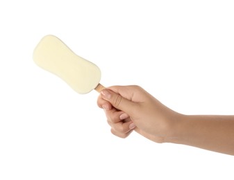 Woman holding glazed ice cream on white background, closeup