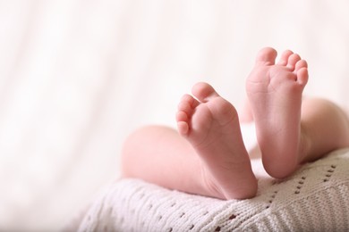 Cute newborn baby lying on white knitted plaid, closeup of legs. Space for text