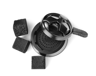 Empty hookah holder and charcoal cubes on white background, top view