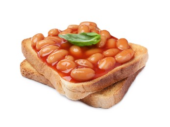 Delicious bread slices with baked beans on white background