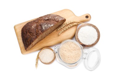 Photo of Freshly baked bread, sourdough and other ingredients on white background, top view