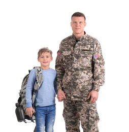 Male soldier with his son on white background. Military service