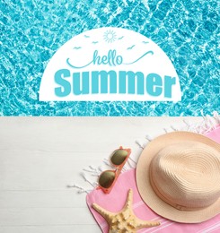 Hello Summer. Beach accessories on white wooden deck near swimming pool, flat lay
