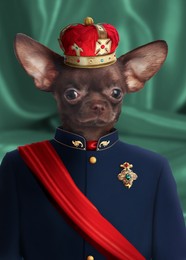 Toy terrier dressed like royal person against green background