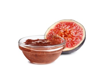 Photo of Glass bowl of tasty sweet fig jam isolated on white
