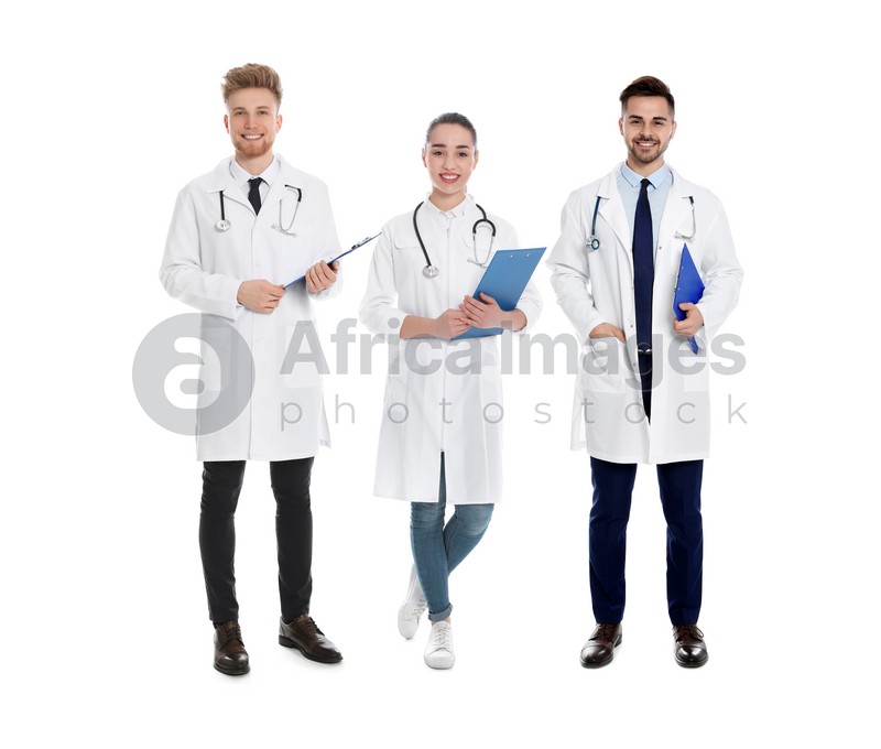 Collage with photos of young doctors on white background
