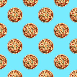 Many delicious seafood pizzas on turquoise background, flat lay. Seamless pattern