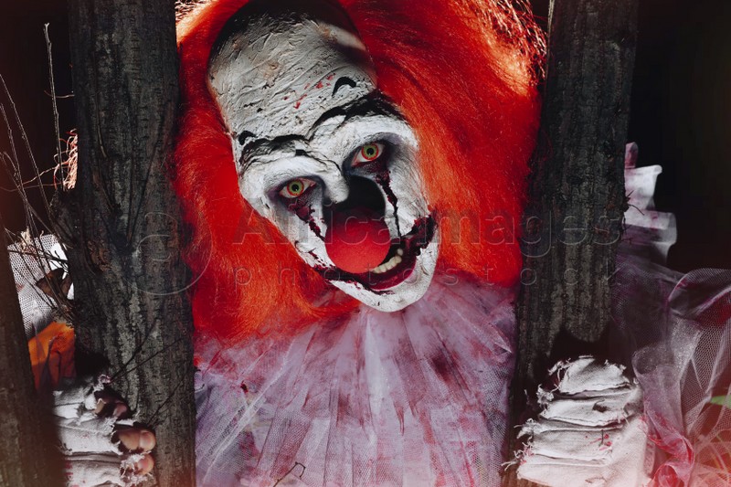 Photo of Terrifying clown hiding behind trees outdoors at night, closeup. Halloween party costume